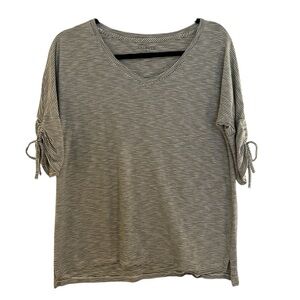 Talbots cotton green white modal striped top with tie sleeves M